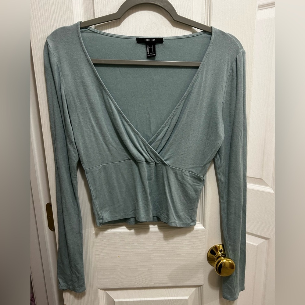 Dusty Blue Long Sleeve Cropped Shirt